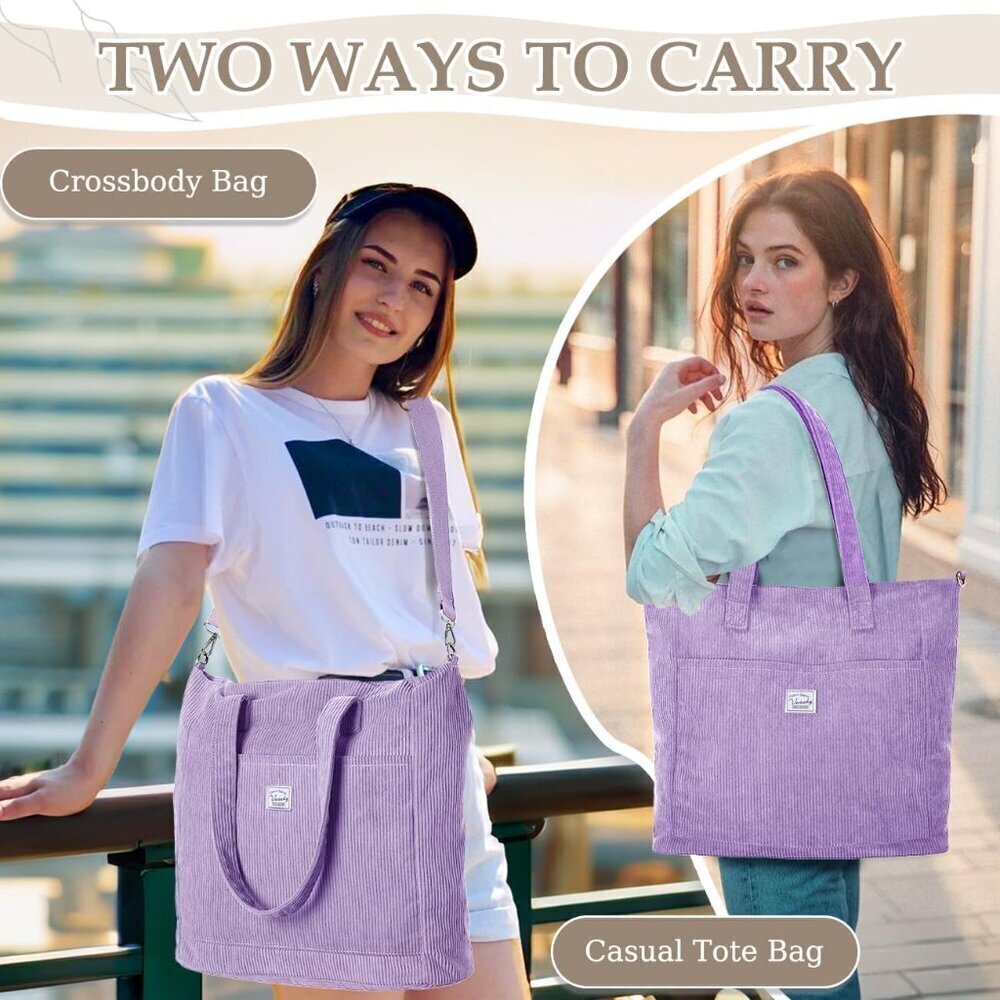 Vaschy Corduroy Tote Bag for Women, Lightweight Large Work Hobo Shoulder Bag - Picture 6 of 8